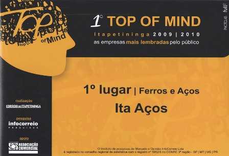 Certificado do 1º Prêmio Top of Mind da Ita Aços