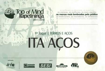 Certificado do 5º Prêmio Top of Mind da Ita Aços