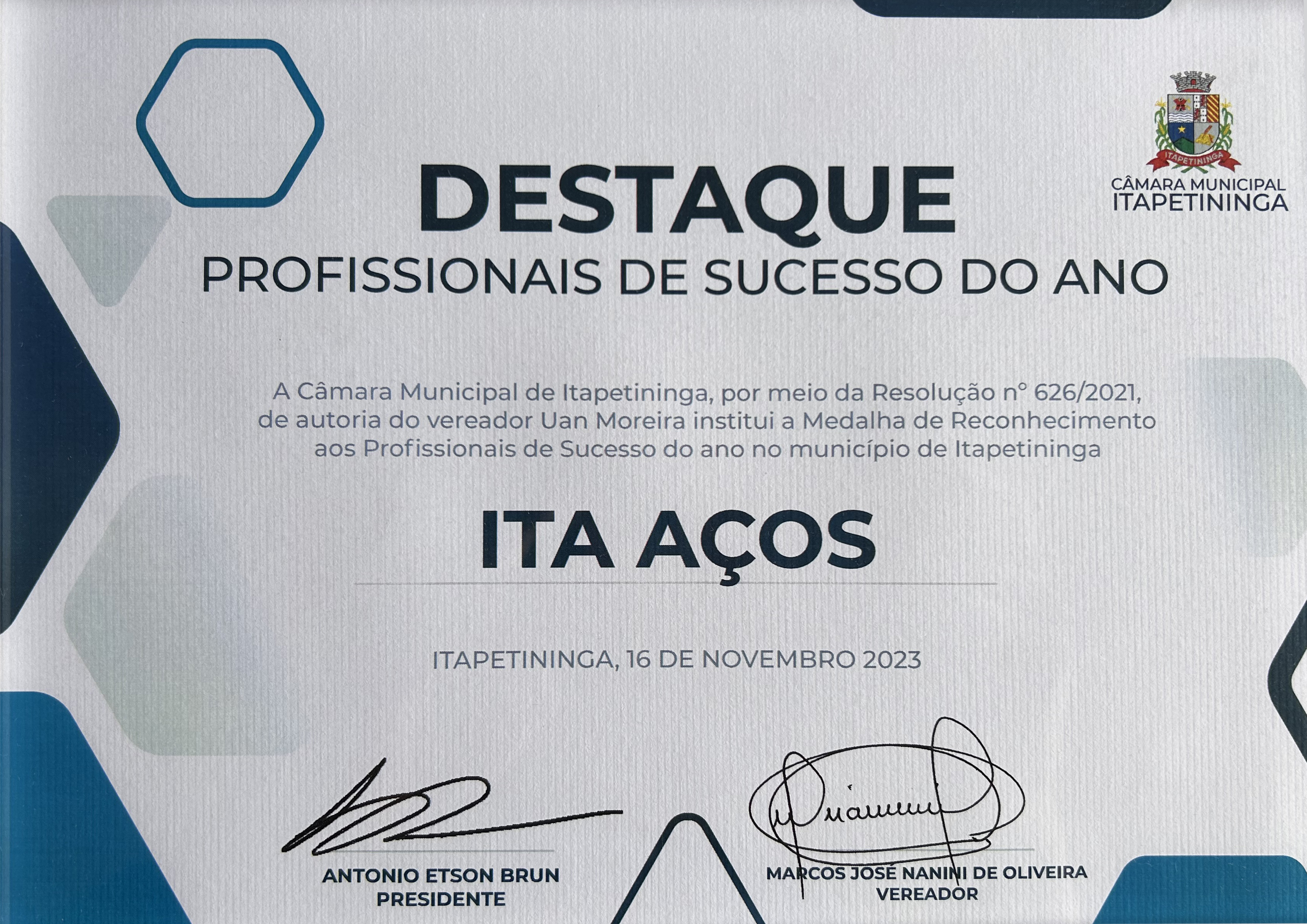 Certificado de Destaque Profissionais de Sucesso em Itapetininga